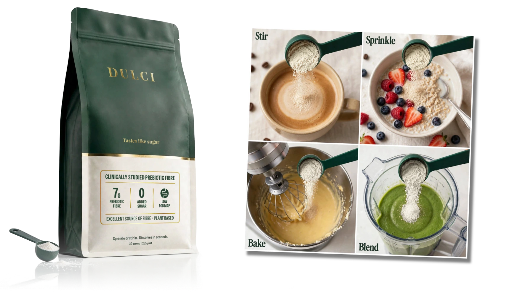 DULCI prebiotic fibre stirred into food and drink